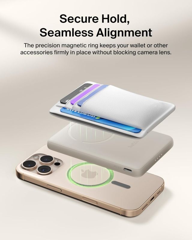 Акумулятор портативний літій-іонний Power Bank Belkin 5000мА·год, 15Вт/Qi2 7.5Вт, Slim Magnetic Ring, пісочний
