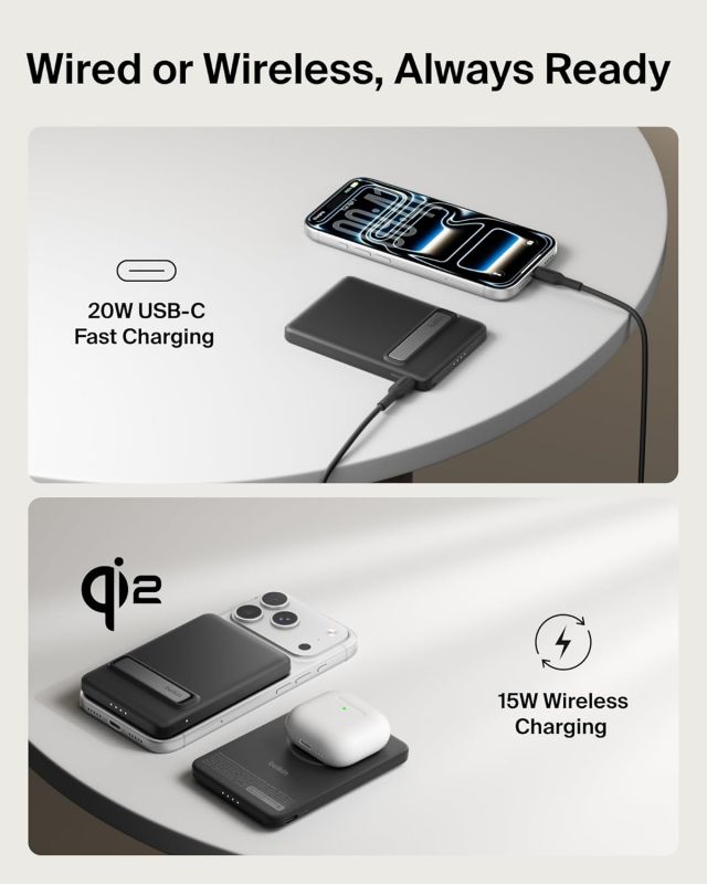 Акумулятор портативний літій-іонний Power Bank Belkin 5000мА·год, 20Вт PD/Qi2 15Вт, Magnetic Kickstand, чорний