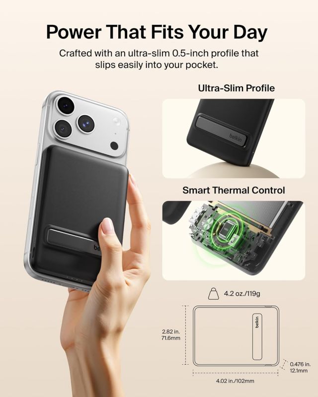 Акумулятор портативний літій-іонний Power Bank Belkin 5000мА·год, 20Вт PD/Qi2 15Вт, Magnetic Kickstand, чорний