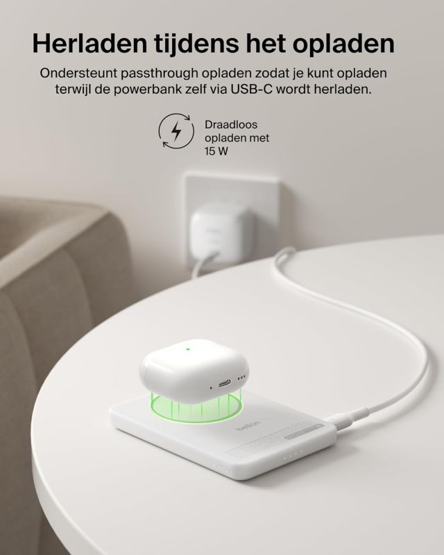 Акумулятор портативний літій-іонний Power Bank Belkin 5000мА·год, 20Вт PD/Qi2 15Вт, Magnetic Kickstand, білий