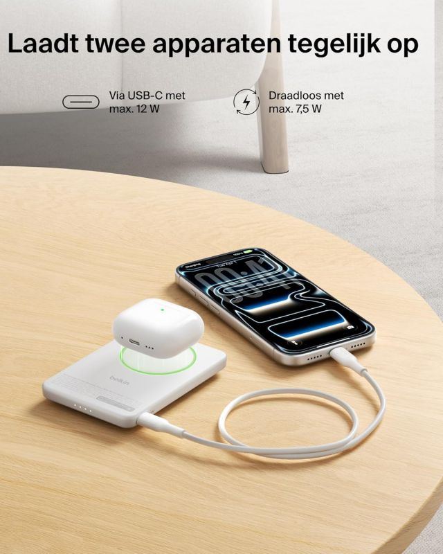 Акумулятор портативний літій-іонний Power Bank Belkin 5000мА·год, 20Вт PD/Qi2 15Вт, Magnetic Kickstand, білий