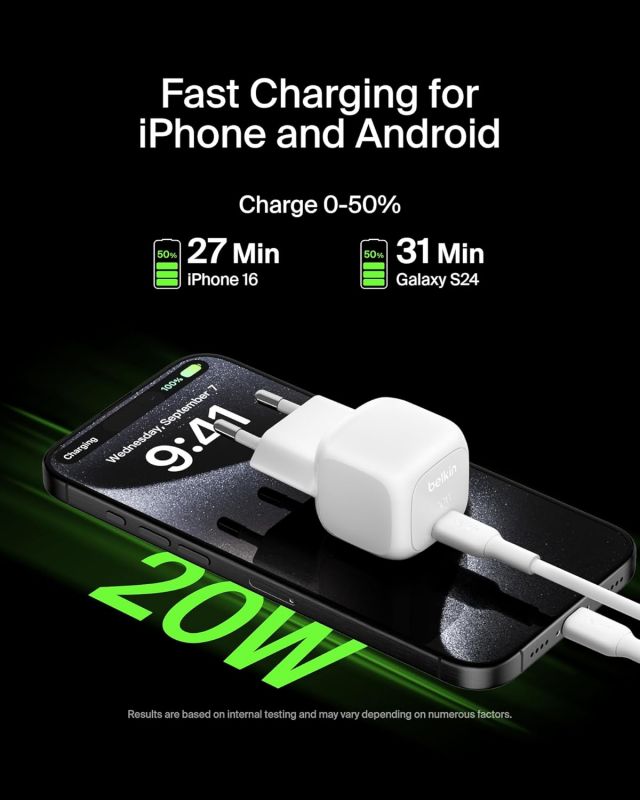 Зарядний пристрій мережевий Belkin 20Вт USB-С PD PPS, кабель USB-С > USB-C, 1м, PVC, білий
