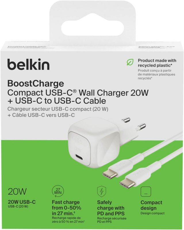 Зарядний пристрій мережевий Belkin 20Вт USB-С PD PPS, кабель USB-С > USB-C, 1м, PVC, білий