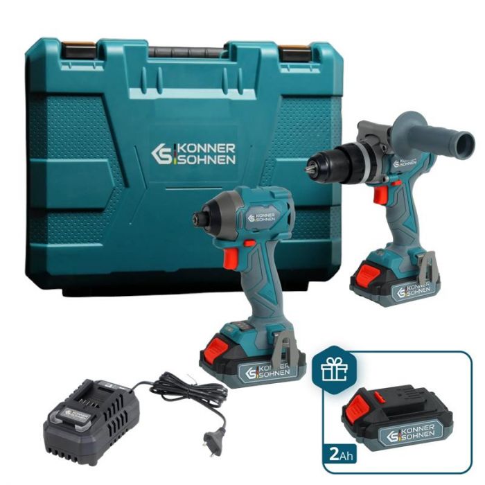 Набір із двох акумуляторних інструментів Konner&Sohnen KS IDISD 20V SET 2 PLUS 20В шурупокрут-дриль ударний, гвинтоверт ударний KS ISD20V-260-4, ЗП 2А акб 2х2А·год кейс 6кг