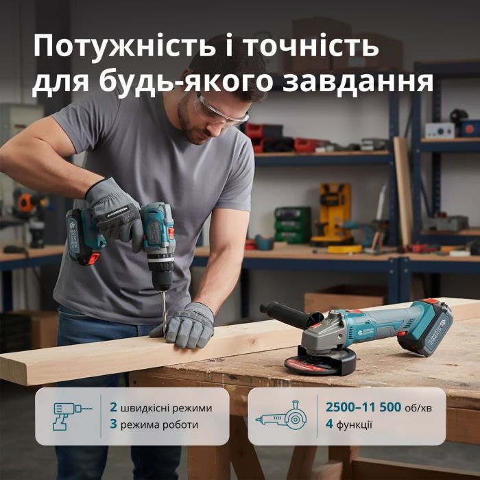 Набір із двох акумуляторних інструментів Konner&Sohnen KS IDAGB 20V SET 1 PLUS 20В шурупокрут-дриль ударний, шліфмашина кутова KS AGB20V-125VR, ЗП 2.4А акб 1х2А·год+1х4А·год кейс 8.1кг