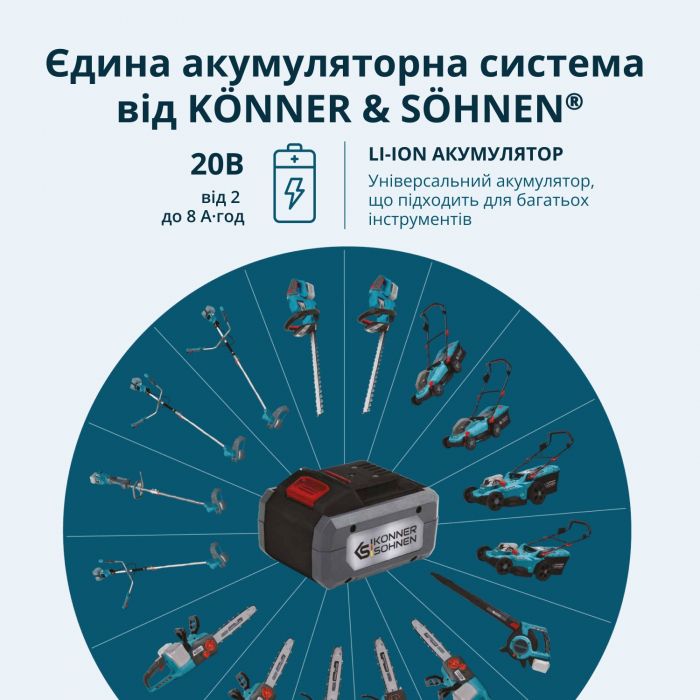 Набір із двох акумуляторних інструментів Konner&Sohnen KS 33LM-BCT20V-SET 20В газонокосарка KS 33LM-20V та тример садовий KS BCT-20V акб 1х4А·год ЗП 17.3кг