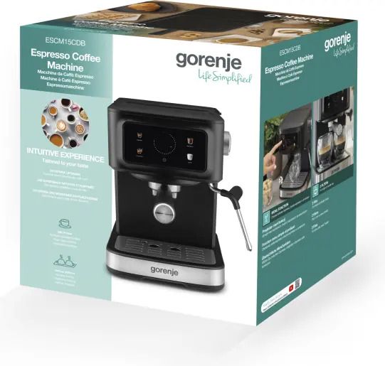 Кавоварка Gorenje ріжкова 1.5л, мелена, ручний капучинатор, чорний