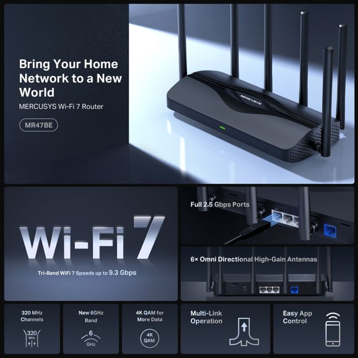 Маршрутизатор MERCUSYS MR47BE BE9300, 3x2.5GE LAN, 1x2.5GE WAN
