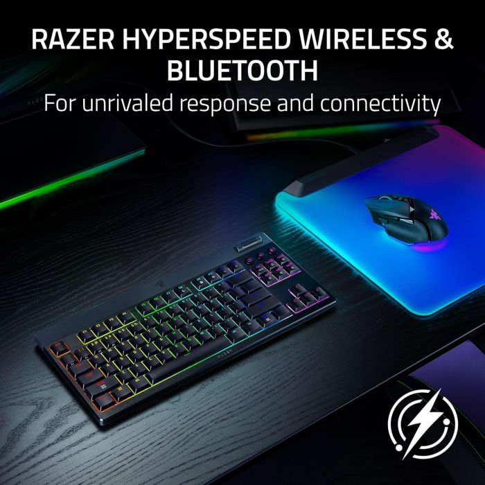 Клавіатура механічна Razer BlackWidow V4 Low-profile TKL HyperSpeed, 87key, Green Switch, USB-A/WL/BT, EN, RGB, чорний