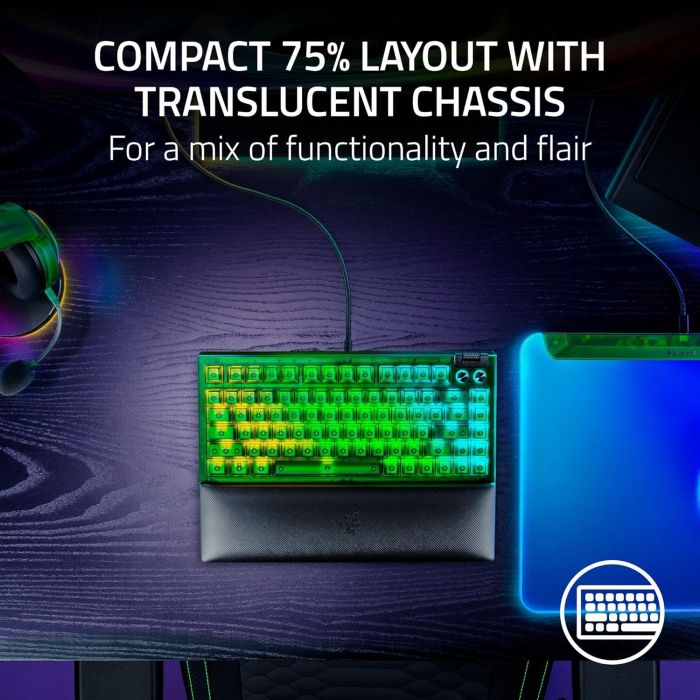 Клавіатура механічна Razer BlackWidow V4 75%, 83key, Mechanical Tactile Switch GEN-3, USB-A, EN, RGB, Phantom Green Ed.
