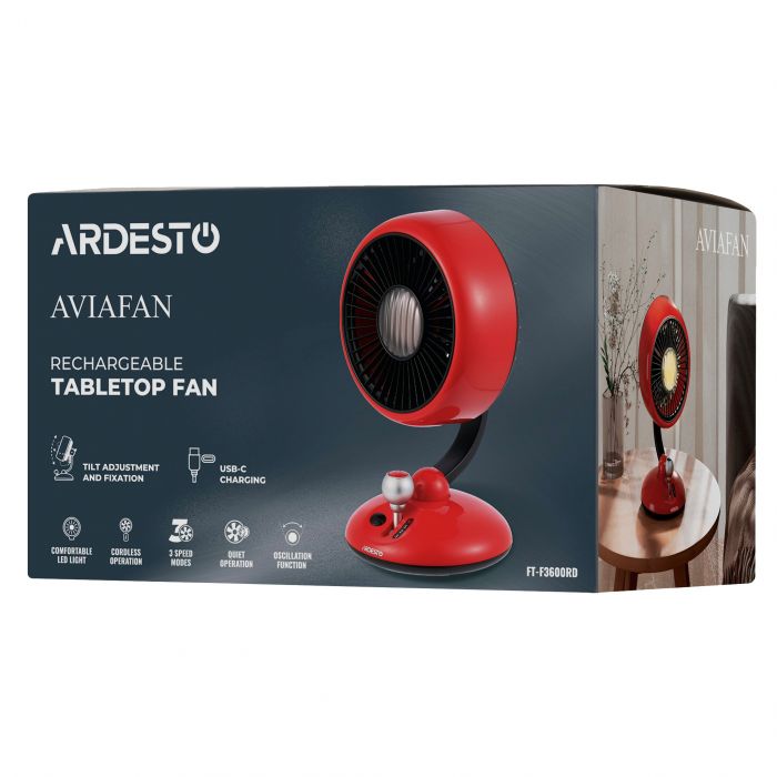 Вентилятор ARDESTO AviaFan FT-F3600RD настільний, 12см, акумулятор, підсвічування, USB-A Type-C, червоний