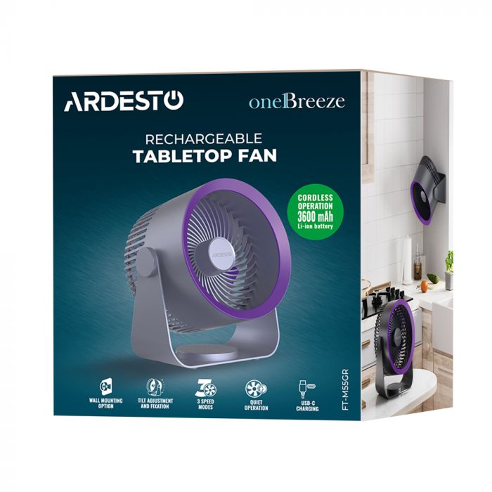 Вентилятор ARDESTO OneBreeze FT-M55GR настільний/настінний, 14см, акумулятор, USB-A Type-C, сірий