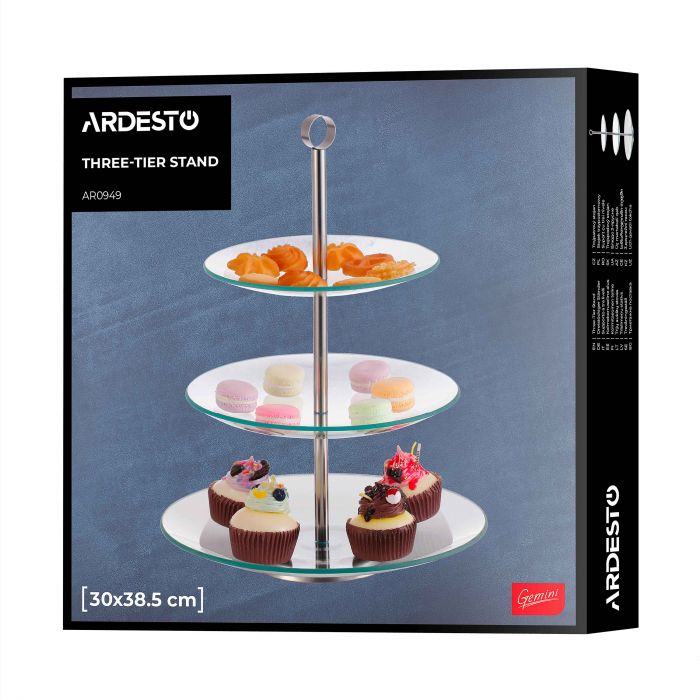 Блюдо 3-х ярусне Ardesto Gemini, 30х30х38.5см, скло, нержавіюча сталь, прозорий