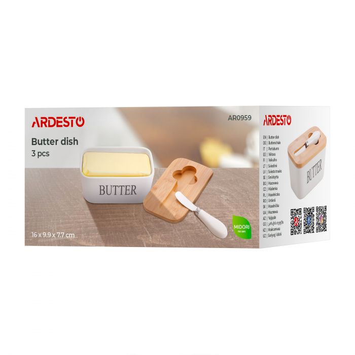 Маслянка Ardesto Midori, 16х9.9х7.7см, бамбук, кераміка, нержавіюча сталь, білий