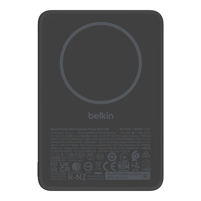 Акумулятор портативний літій-іонний Power Bank Belkin 10000мА·год, 20Вт PD/Qi2 7.5Вт, Slim Magnetic, чорний
