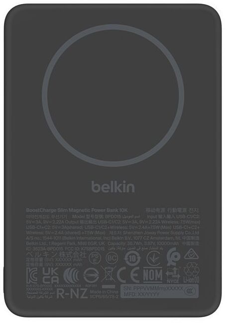 Акумулятор портативний літій-іонний Power Bank Belkin 10000мА·год, 20Вт PD/Qi2 7.5Вт, Slim Magnetic, чорний