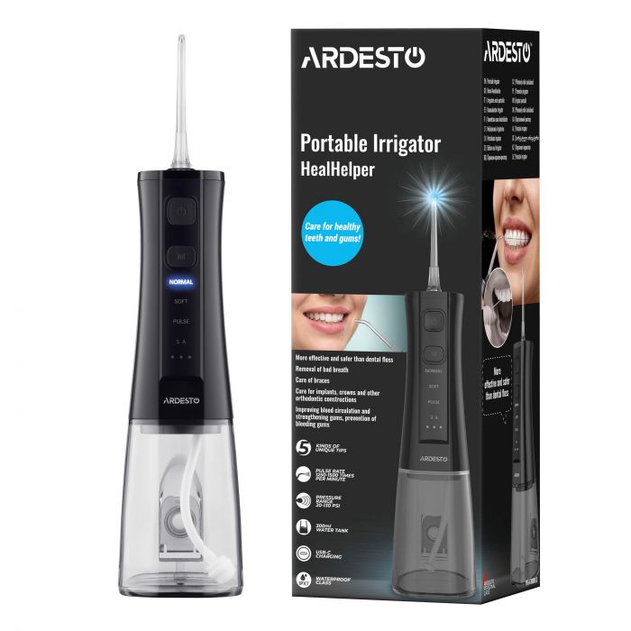Іригатор ARDESTO портативний, чаша 300 мл, Li-ion акум., в компл. чохол, 6 насадок, USB-C > USB-A, чорний