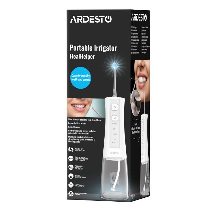 Іригатор ARDESTO портативний, чаша 300 мл, Li-ion акум., в компл. чохол, 6 насадок,USB-C > USB-A, білий