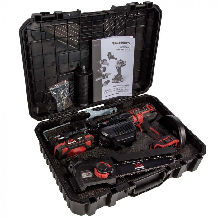Набір акумуляторних інструментів Vitals Master COMBO KIT 3.2 18В модулі шурупокрута пилки ланцюгової шліфмашини акб 1х2А·год 1х4А·год ЗП кейс