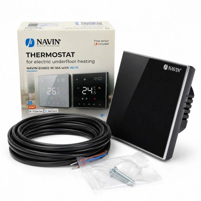 Терморегулятор Navin EH602 B-16A 5...45 °C для теплої підлоги електронний Wi-Fi Tuya Smart Life вбудований дротовий датчик 16A 230В чорний