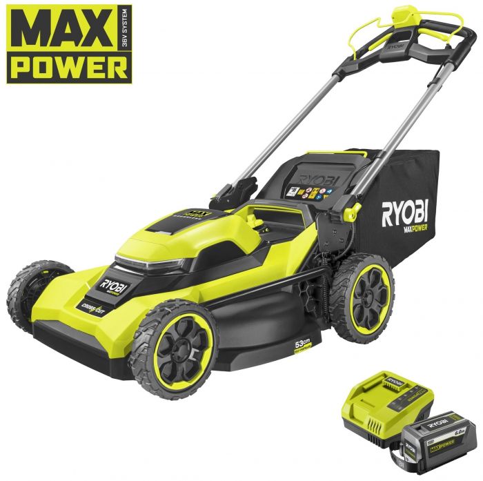 Газонокосарка акумуляторна Ryobi Max Power RY36LMXSP53B-160 36В акб 1х6А·год 53см 68л 25-100мм самохідна 30кг