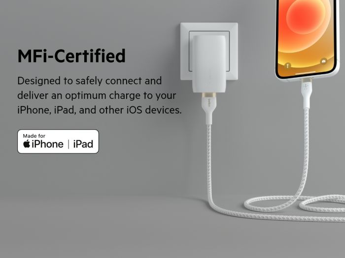 Кабель Belkin USB-A > Lightning заряджання/синхронізації 12Вт, 1м, плетений, силіконовий, з ремінцем на магніті, білий