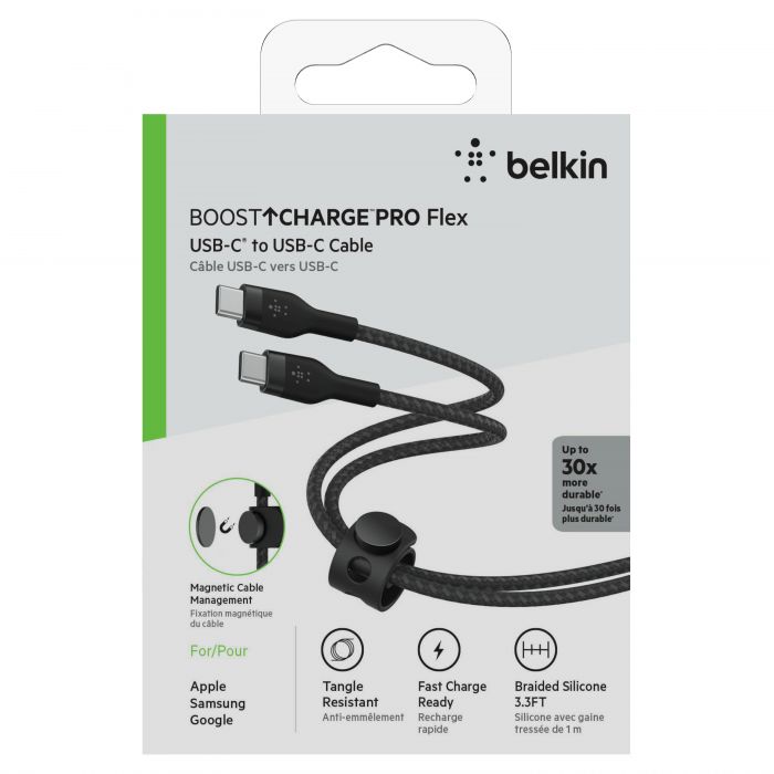 Кабель Belkin USB-C > USB-C заряджання/синхронізації 60Вт PD, 1м, плетений, силіконовий, з ремінцем на магніті, чорний