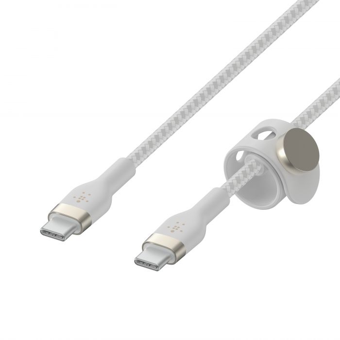 Кабель Belkin USB-C > USB-C заряджання/синхронізації 60Вт PD, 1м, плетений, силіконовий, з ремінцем на магніті, білий