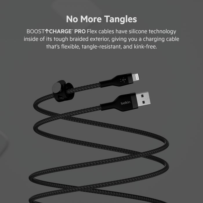 Кабель Belkin USB-A > Lightning заряджання/синхронізації 12Вт, 1м, плетений, силіконовий, з ремінцем на магніті, чорний