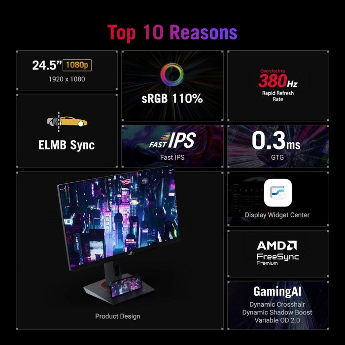 Монітор Asus 24.5" ROG Strix XG259QNS 2xHDMI, DP, 2xUSB, Audio, IPS, 380Hz, 0.3ms, sRGB 110%, FreeSync, Pivot, HDR400
