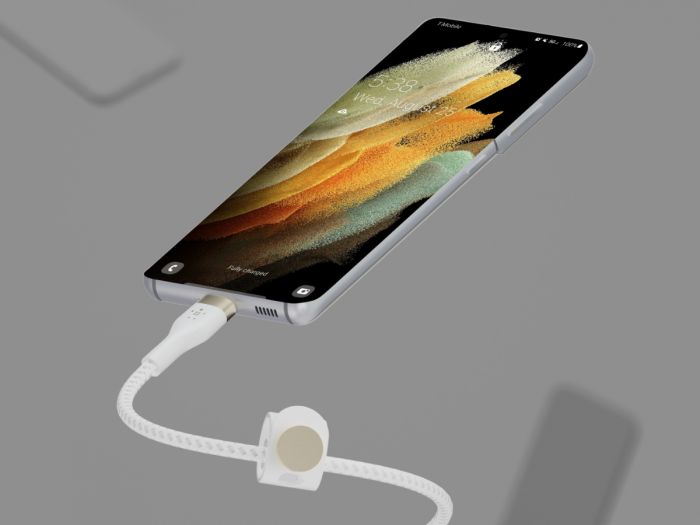 Кабель Belkin USB-C > USB-C заряджання/синхронізації 60Вт PD, 1м, плетений, силіконовий, з ремінцем на магніті, білий