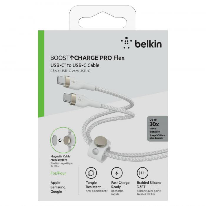 Кабель Belkin USB-C > USB-C заряджання/синхронізації 60Вт PD, 1м, плетений, силіконовий, з ремінцем на магніті, білий