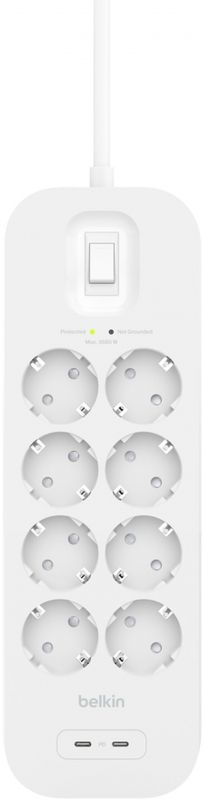Подовжувач мережевий Belkin 2м, 8хТип, 16А, USB-С/USB-C 30Вт, фільтр, білий