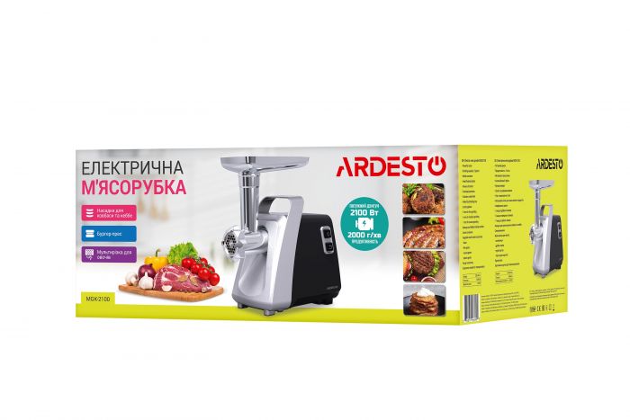 М'ясорубка ARDESTO, 2100Вт, 2кг/хв, 3 решітки, насадка для ковбас, кеббе, томатів, 4 терки, бургер-прес, пластик, чорно-срібний