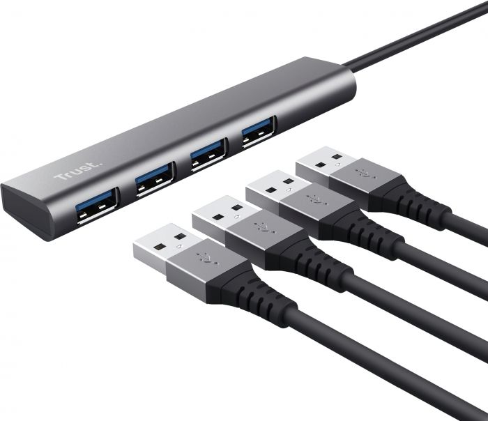Хаб Trust Halyx USB-С > 4xUSB-А 3.2, Алюміній, 0.1м, Сірий