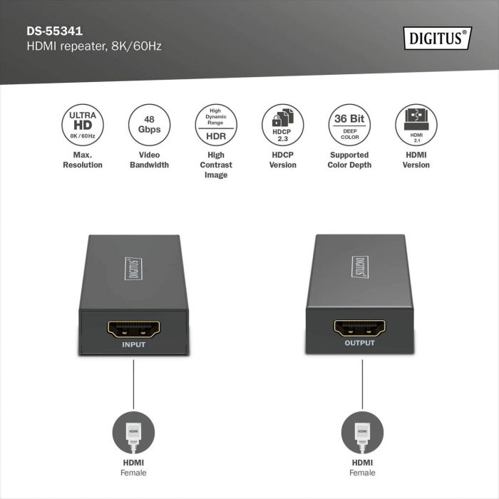 Повторювач DIGITUS HDMI, 8K/60 Гц (10 м 8K/60 Гц), (13 м 4K/60 Гц)