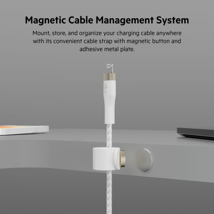 Кабель Belkin USB-A > Lightning заряджання/синхронізації 12Вт, 1м, плетений, силіконовий, з ремінцем на магніті, білий
