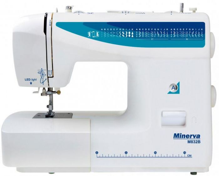Швейна машина МINERVA M832B,  електромех., 85 Вт,  37 швейних операцій, петля напівавтомат, білий+синій