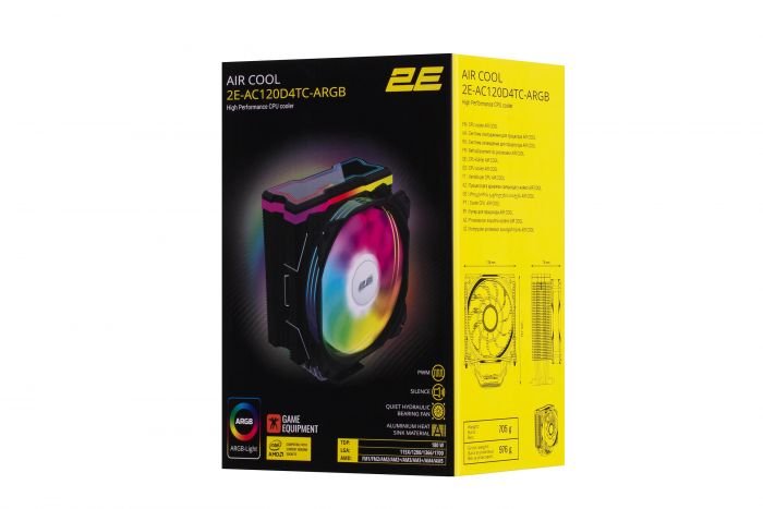 Процесорний кулер 2E GAMING Air Cool AC120D4TC-ARGB, LGA1851, 1700, 1366, 1200, 115x, AM5, AM4, AM3, AM3+, AM2, AM2+, FM2, FM1, 4pin PWM, 3pin +5VARGB, TDP 180W