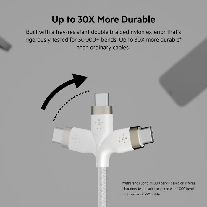 Кабель Belkin USB-C > USB-C заряджання/синхронізації 60Вт PD, 1м, плетений, силіконовий, з ремінцем на магніті, білий