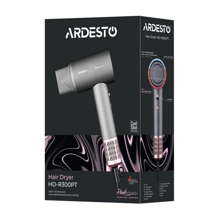 Фен ARDESTO Pink Touch, 1600Вт, 2 швидкості, 3темп.режими, іонізація, дифузор, магнітні насадки, сірий+рожевий
