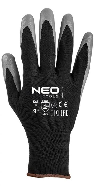 Рукавички робочі Neo Tools поліестер з нітриловим покриттям, р.9, сіро-чорний