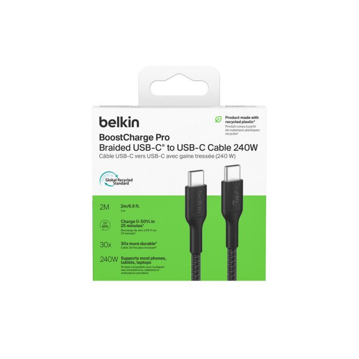 Кабель Belkin USB-C > USB-C заряджання/синхронізації 240Вт PD, 2м, плетений, чорний