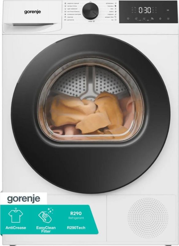Сушильна машина Gorenje тепловий насос, 8кг, A++, 60см, дисплей, 15 програм, білий