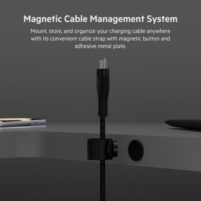Кабель Belkin USB-C > USB-C заряджання/синхронізації 60Вт PD, 1м, плетений, силіконовий, з ремінцем на магніті, чорний