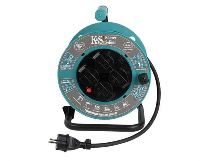 Подовжувач мережевий Konner&Sohnen KS CR-15M, 15м, 4xТипF, 16A, на котушці, чорний