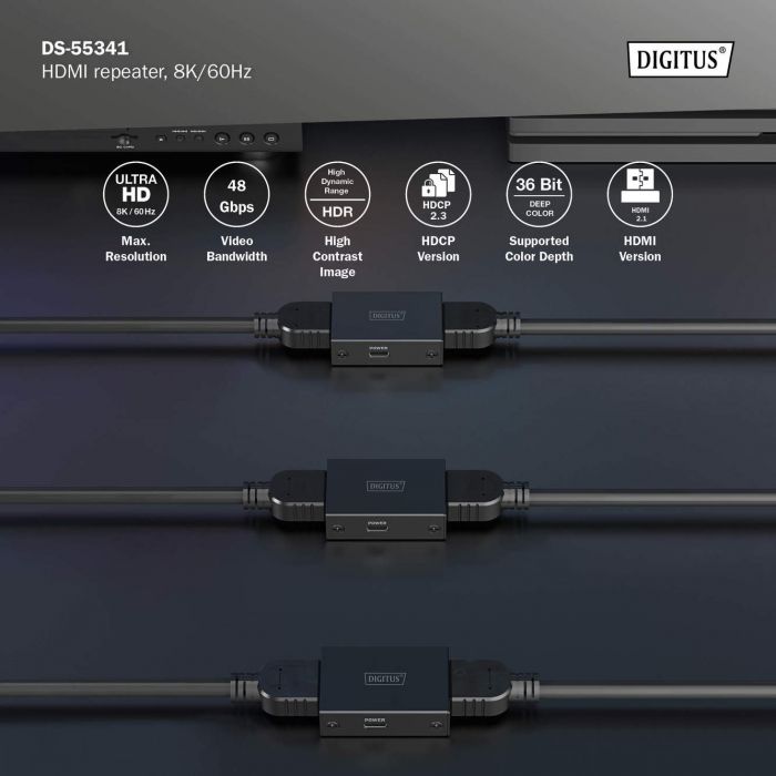 Повторювач DIGITUS HDMI, 8K/60 Гц (10 м 8K/60 Гц), (13 м 4K/60 Гц)