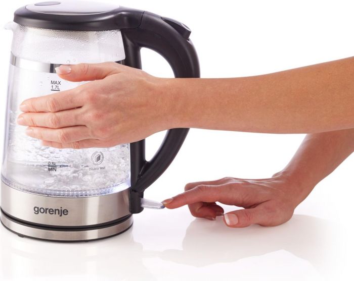Електрочайник Gorenje 1.7л, 2,200 Вт, strix контроль, скло, чорний