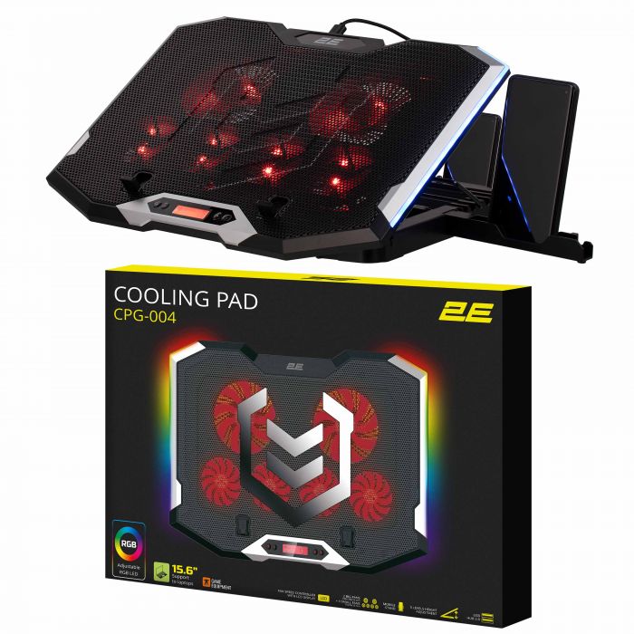 Підставка для ноутбука 2E GAMING CPG-004, до 15.6", 2xUSB-A, LCD/phone holder, RGB, чорний
