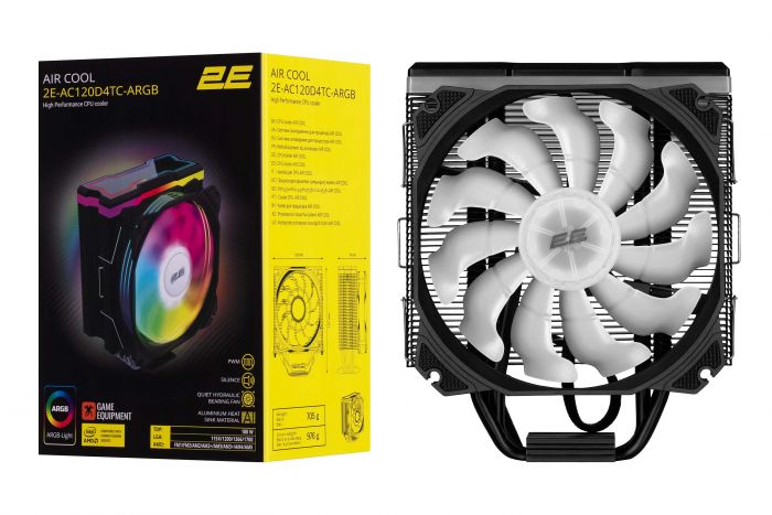 Процесорний кулер 2E GAMING Air Cool AC120D4TC-ARGB, LGA1851, 1700, 1366, 1200, 115x, AM5, AM4, AM3, AM3+, AM2, AM2+, FM2, FM1, 4pin PWM, 3pin +5VARGB, TDP 180W